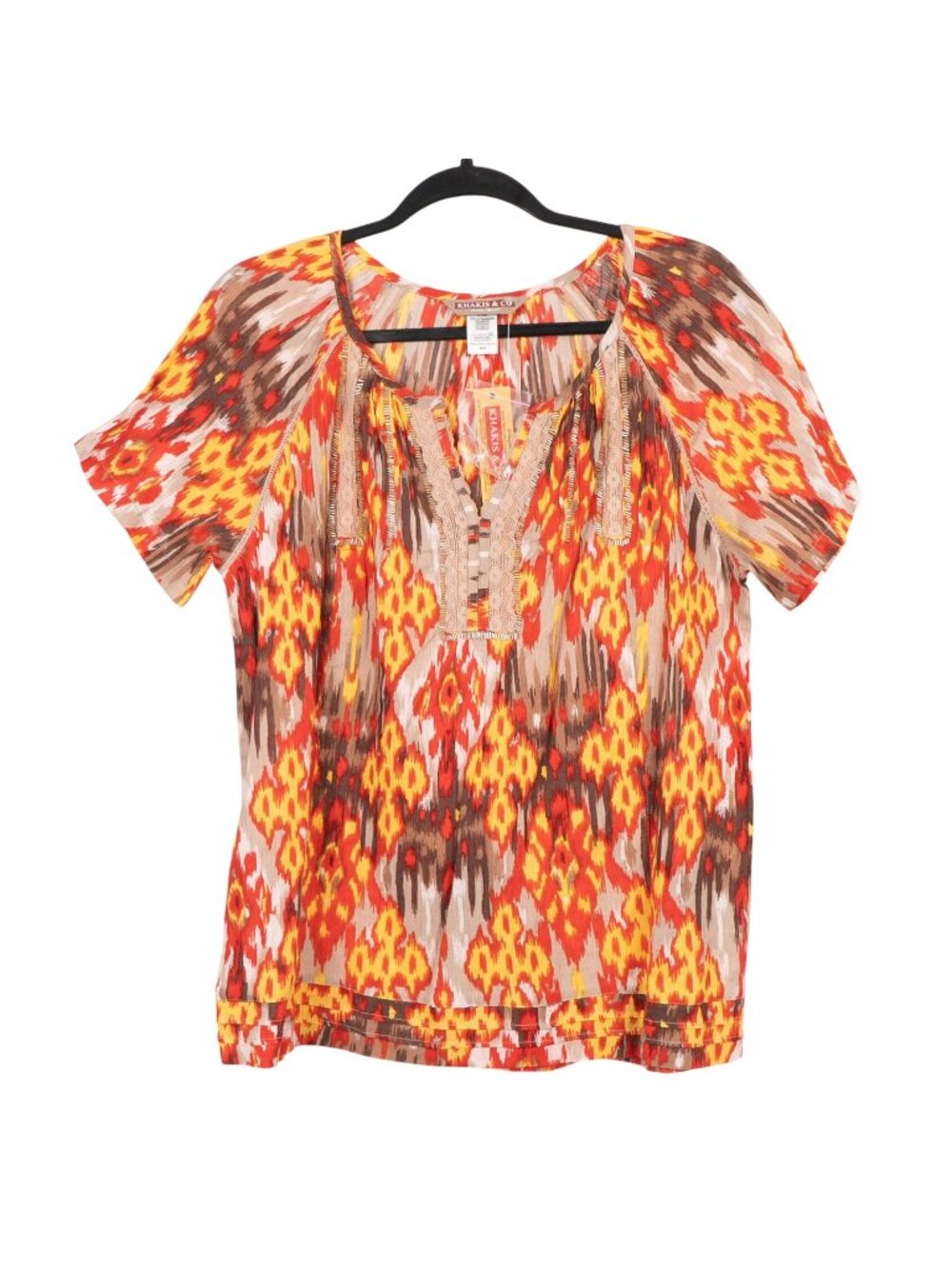 Ikat Bright Blouse M Womens New Fire Red Yellow Short Sleeve Lace Beads VNeck